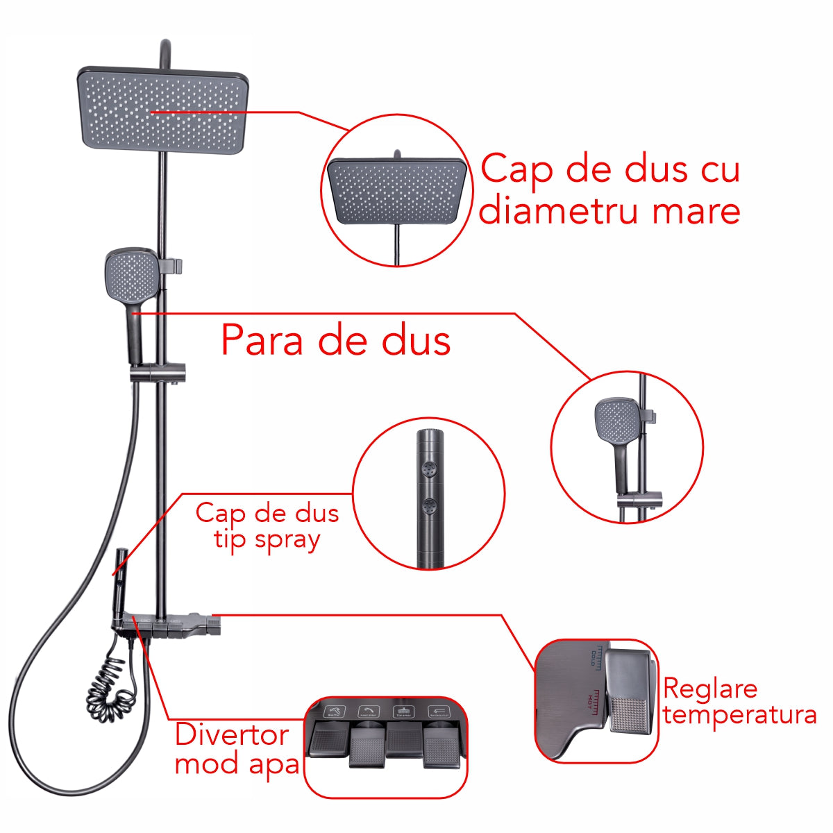 Coloana de dus, cu para fixa si para mobila, Naimeed D6157, 4 functii, otel inoxidabil, Gri