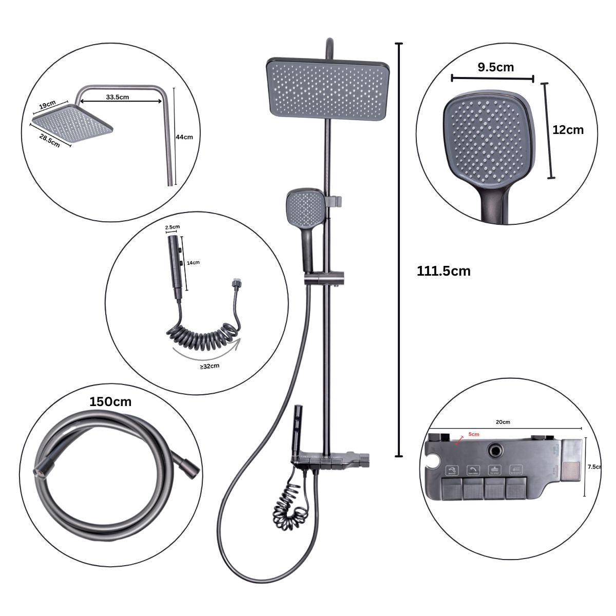 Coloana de dus, cu para fixa si para mobila, Naimeed D6157, 4 functii, otel inoxidabil, Gri
