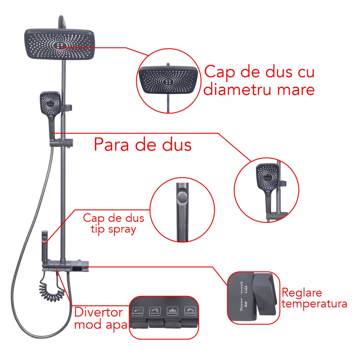 Coloana de dus, cu para fixa si para mobila, Naimeed D6160, 4 functii, otel inoxidabil, Gri