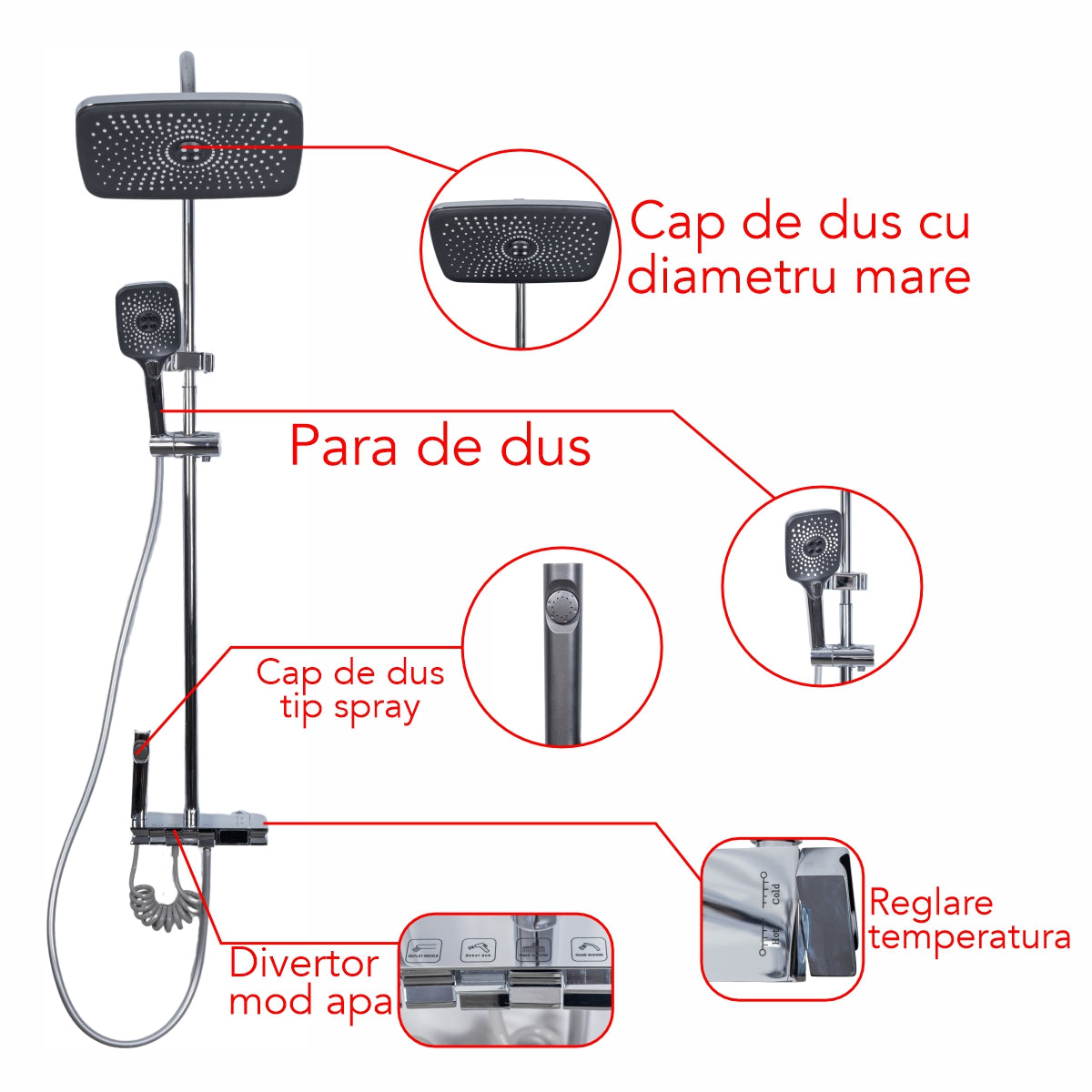 Coloana de dus, cu para fixa si para mobila, Naimeed D6161, 4 functii, otel inoxidabil, Argintiu