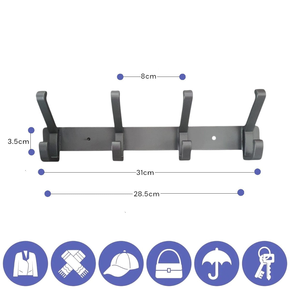 Cuier de perete modern cu 4 carlige duble, aluminiu, Naimeed D6167, Gri