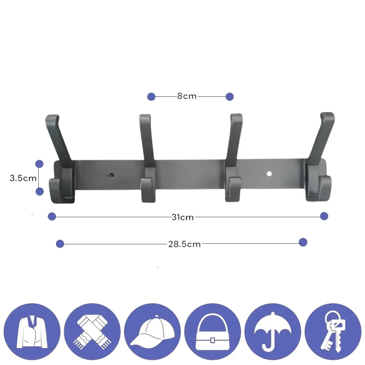 Cuier de perete modern cu 4 carlige duble, aluminiu, Naimeed D6167, Gri - 221.ro