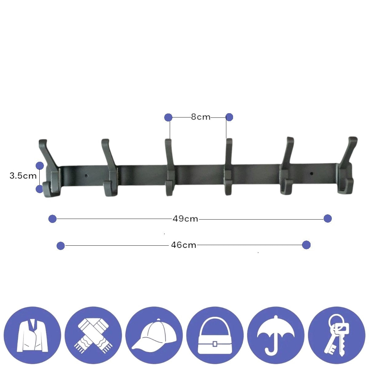 Cuier de perete modern cu 6 carlige duble, aluminiu, Naimeed D6168, Gri