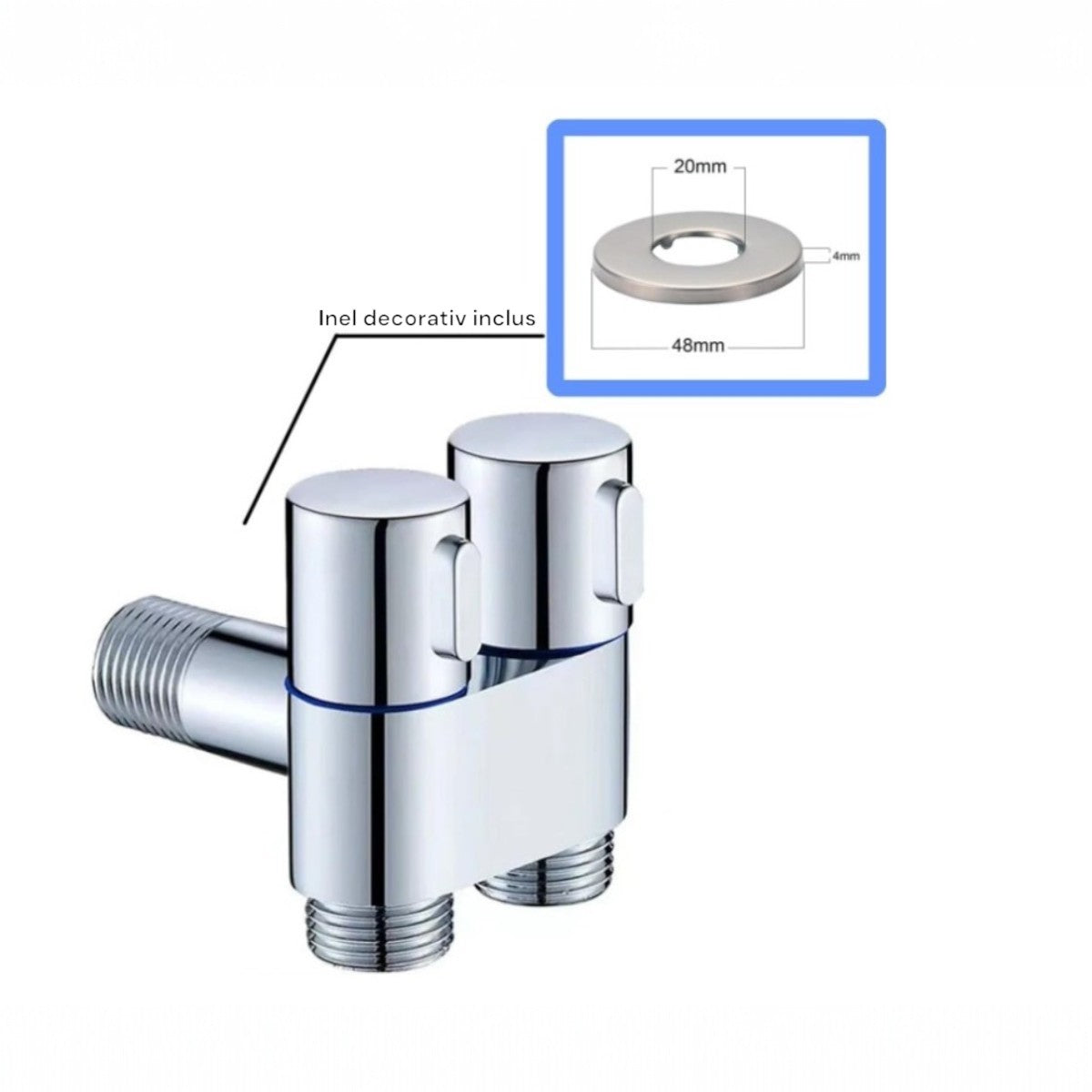Robinet distribuitor dublu, 2 iesiri cu comutatoare independente, filet 1/2", Naimeed D6195, Argintiu