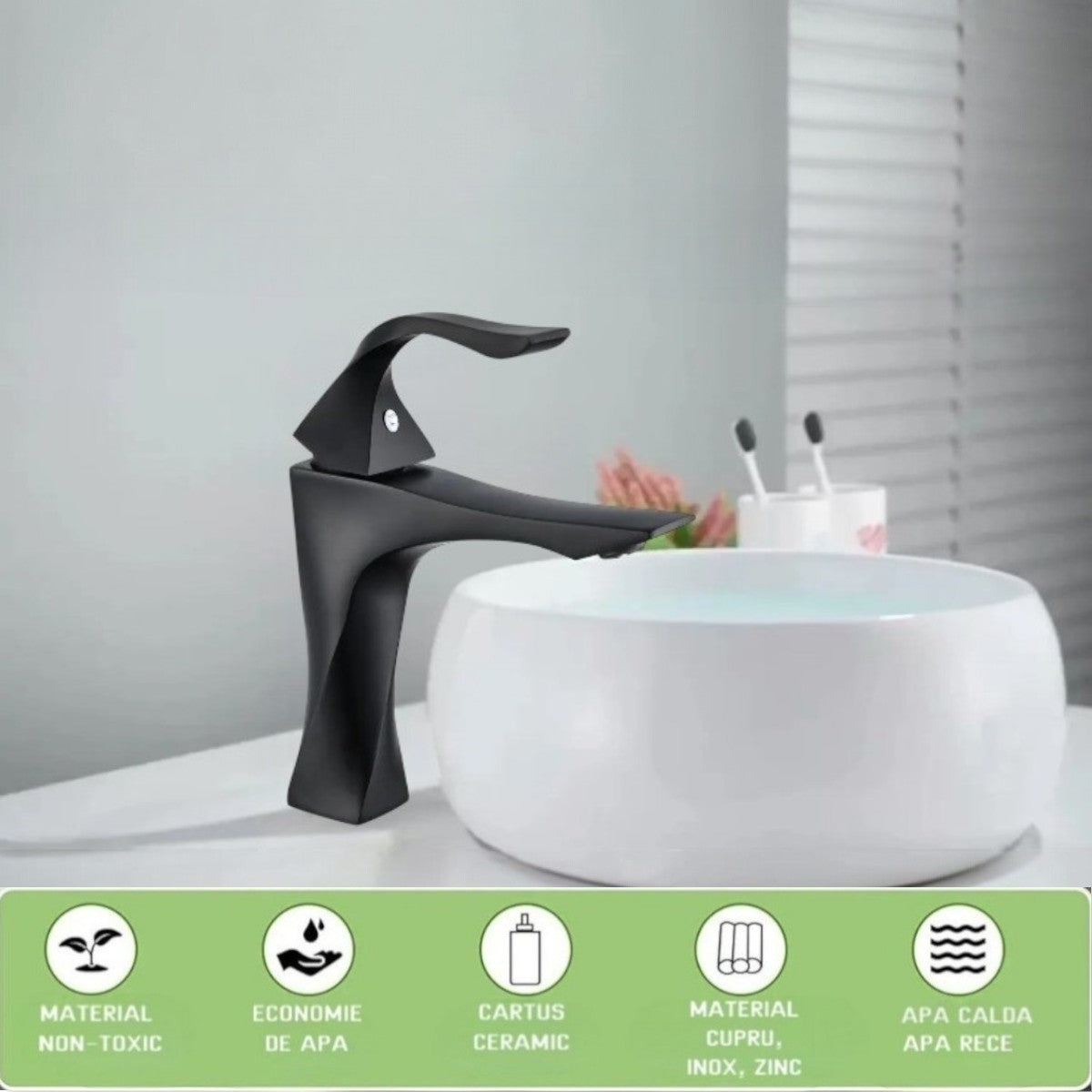 Baterie pentru baie cu design modern, Naimeed D6202, Negru mat