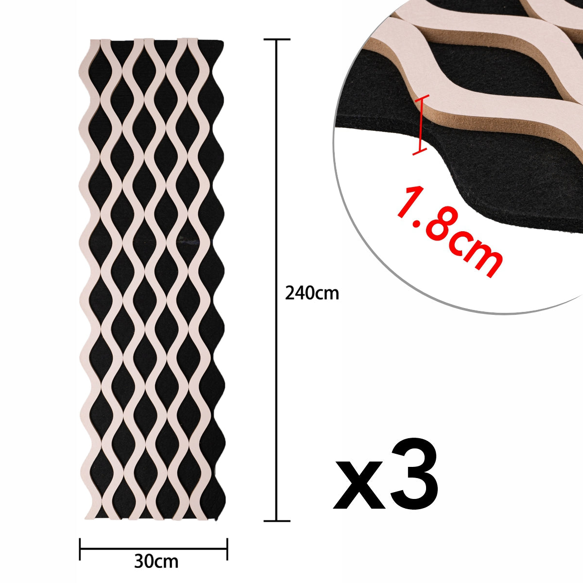 Set 3 Panouri riflaj acustic decorativ, MDF si pasla, Naimeed D6239, 240x30x1.8cm, Roz