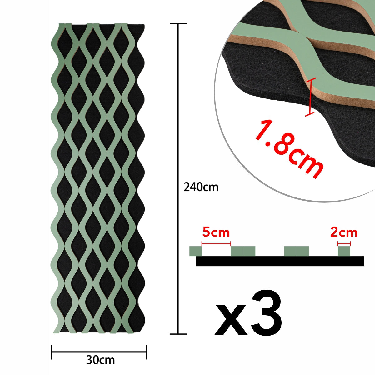 Set 3 Panouri riflaj acustic decorativ, MDF si pasla, Naimeed D6240, 240x30x1.8cm, Verde