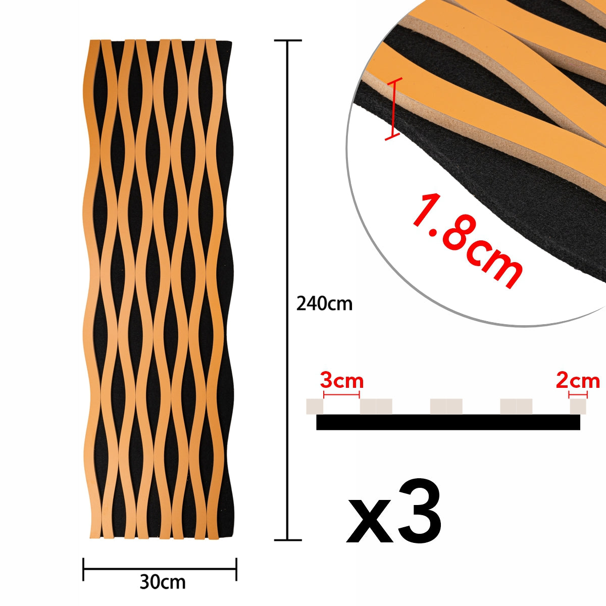 Set 3 Panouri riflaj acustic decorativ, MDF si pasla, Naimeed D6242, 240x30x1.8cm, Cires