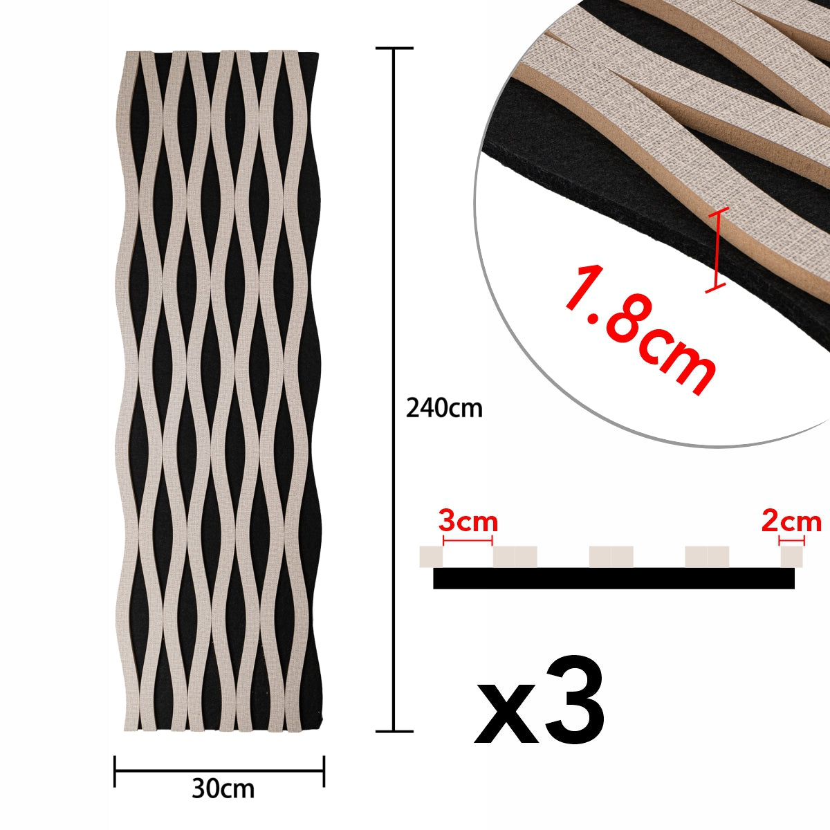 Set 3 Panouri riflaj acustic decorativ, MDF si pasla, Naimeed D6243, 240x30x1.8cm, Gri - 221.ro