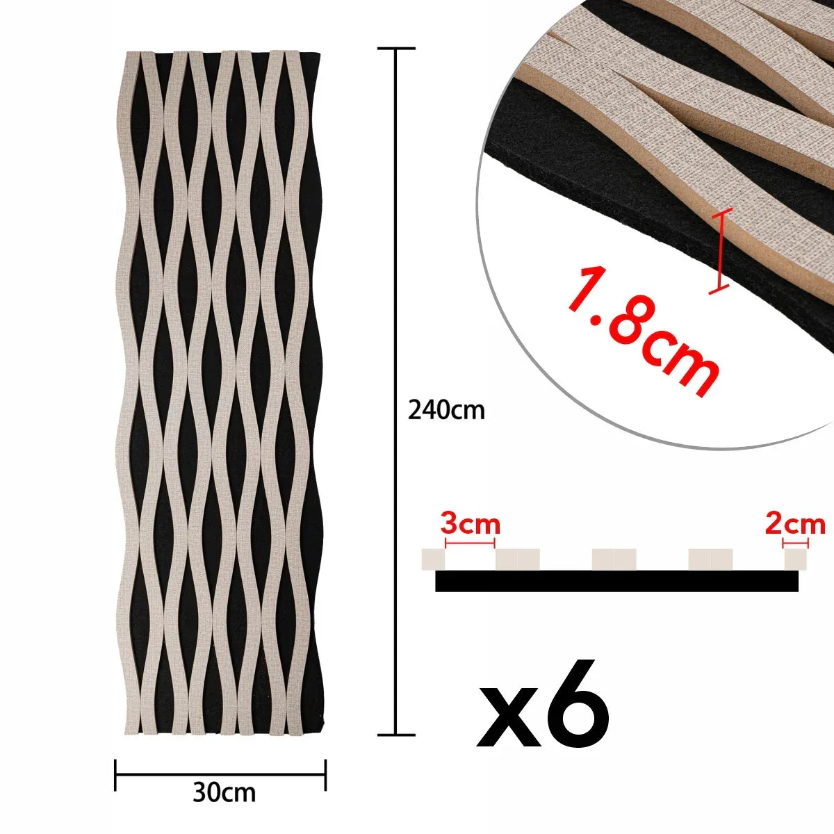 Set 6 Panouri riflaj acustic decorativ, MDF si pasla, Naimeed D6243, 240x30x1.8cm, Gri - 221.ro