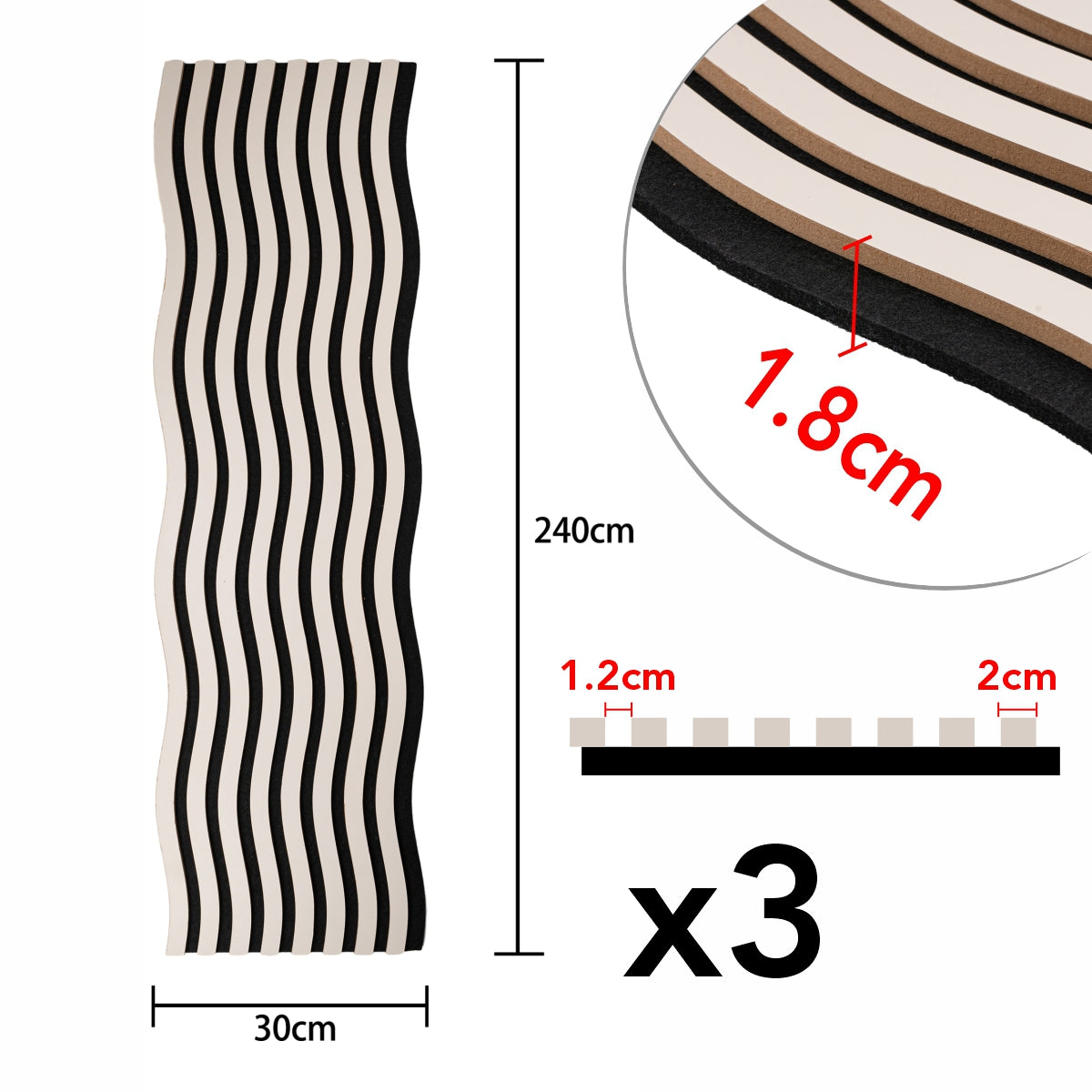 Set 3 Panouri riflaj acustic decorativ, MDF si pasla, Naimeed D6247, 240x30x1.8cm, Gri