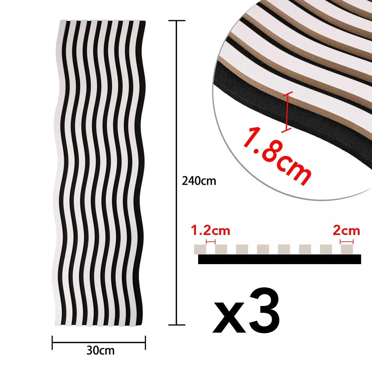 Set 3 Panouri riflaj acustic decorativ, MDF si pasla, Naimeed D6248, 240x30x1.8cm, Alb - 221.ro