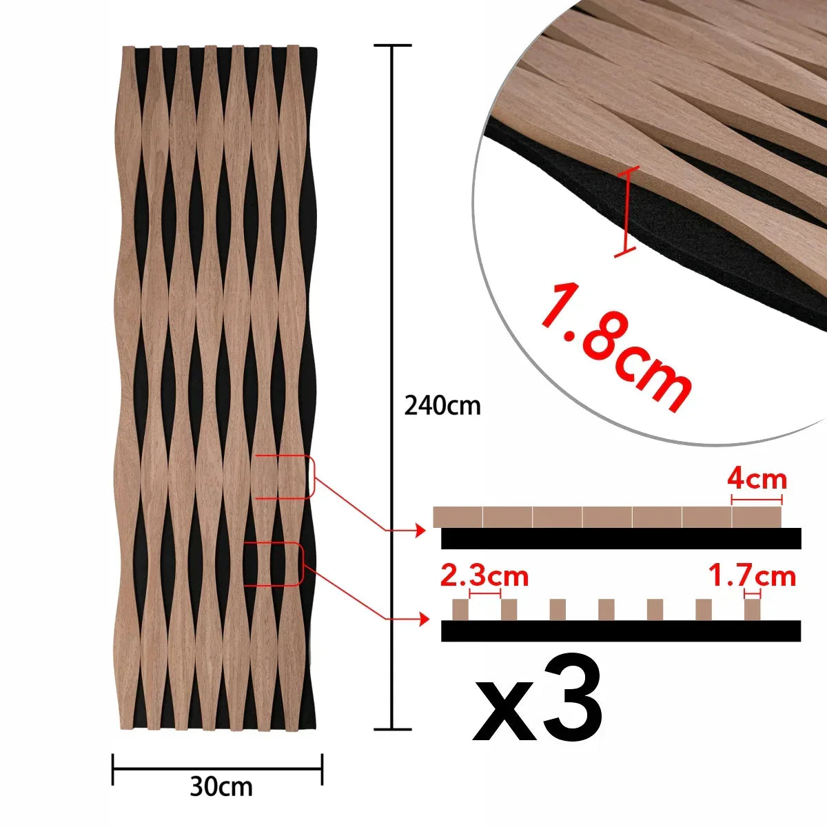 Set 3 Panouri riflaj acustic decorativ, MDF si pasla, Naimeed D6250, 240x30x1.8cm, Tec - 221.ro