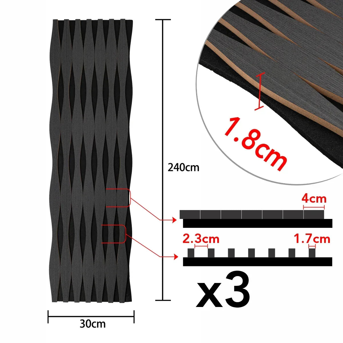 Set 3 Panouri riflaj acustic decorativ, MDF si pasla, Naimeed D6251, 240x30x1.8cm, Stejar Negru - 221.ro
