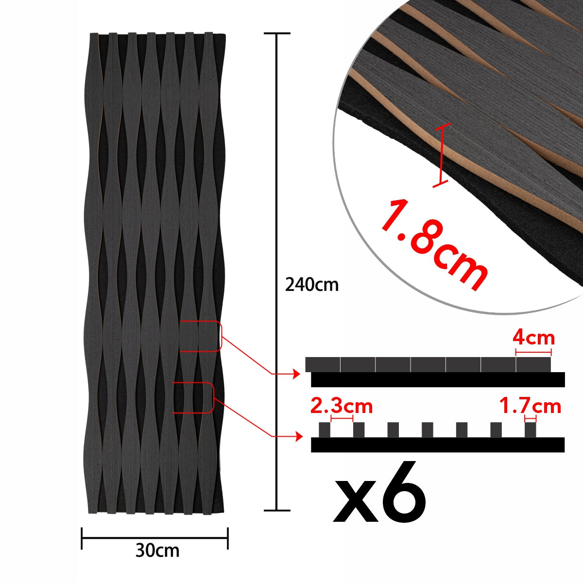 Set 6 Panouri riflaj acustic decorativ, MDF si pasla, Naimeed D6251, 240x30x1.8cm, Stejar Negru