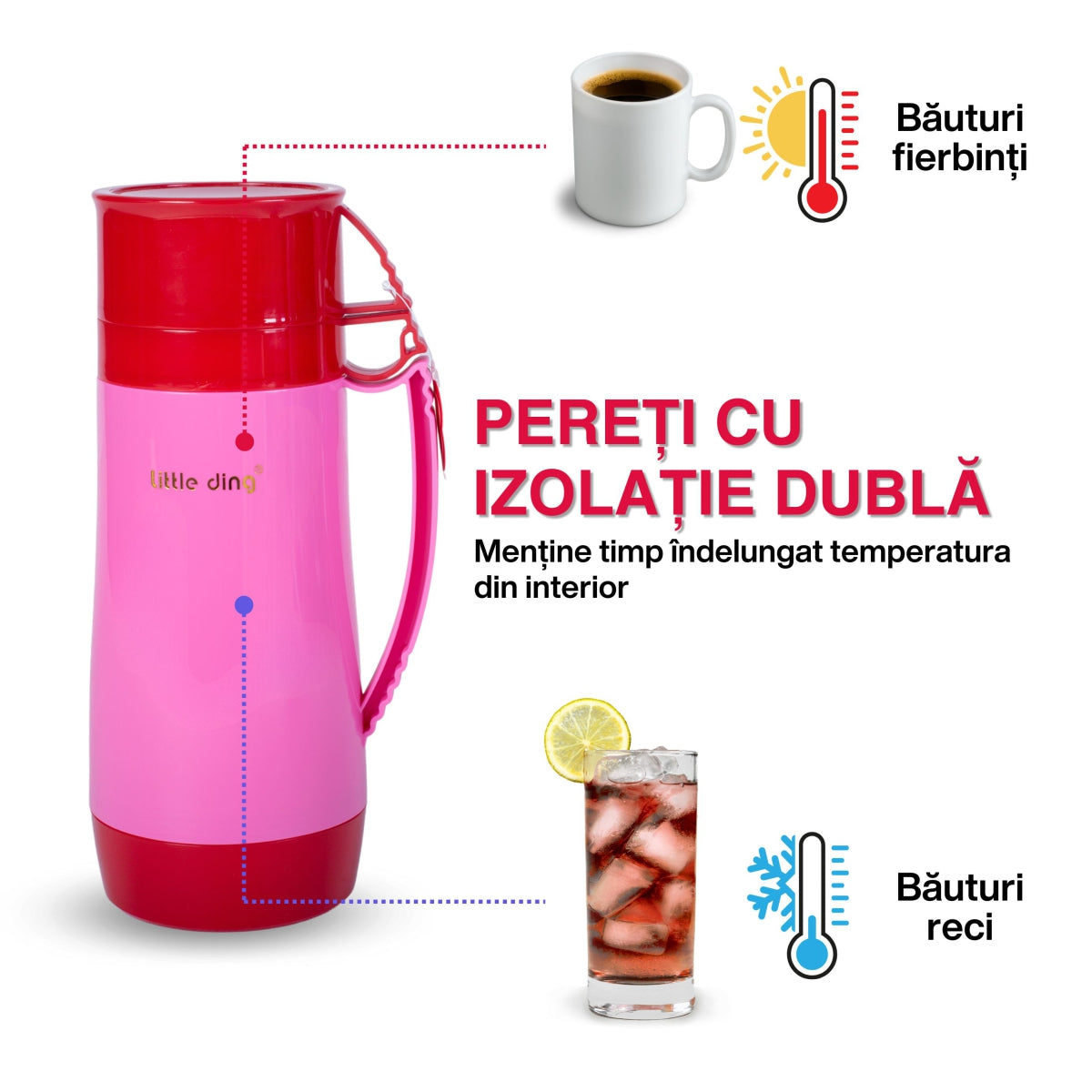 Termos, Naimeed D6413, pentru bauturi reci sau calde, Sticla si ABS, 1L, Roz, 160x300x117mm