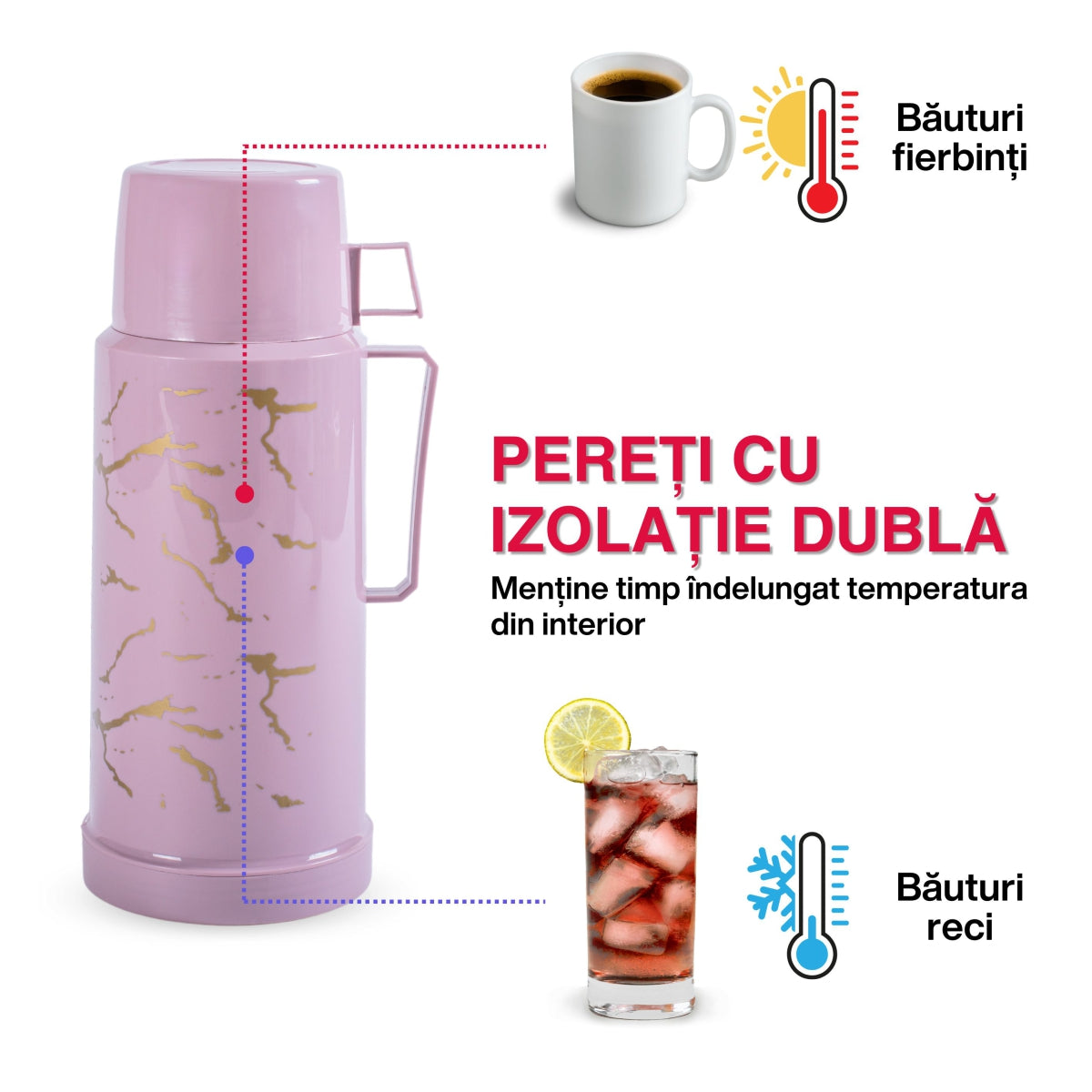 Termos, Naimeed D6415, pentru bauturi reci sau calde, Sticla si ABS, 1L, Mov, 140x280x115mm