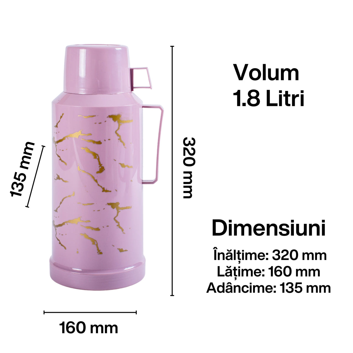 Termos, Naimeed D6416, pentru bauturi reci sau calde, Sticla si ABS, 1.8L, Mov, 160x320x135mm