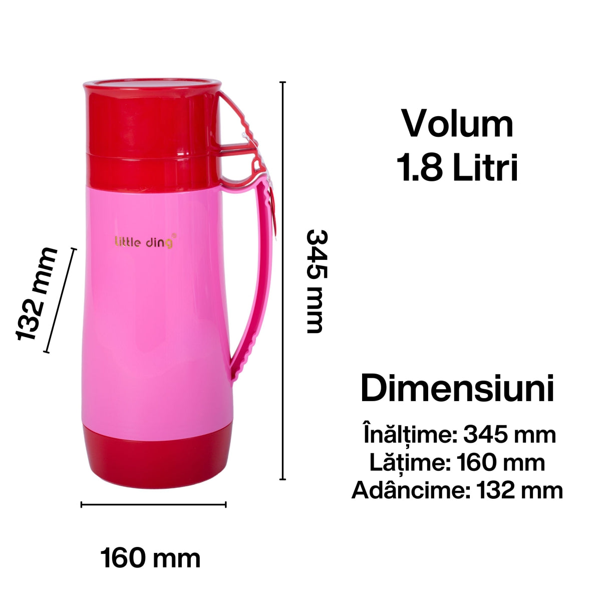 Termos, Naimeed D6418, pentru bauturi reci sau calde, Sticla si ABS, 1.8L, Roz, 160x345x132mm