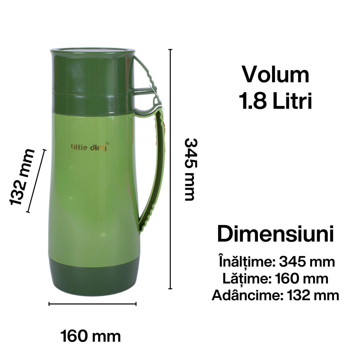 Termos, Naimeed D6418, pentru bauturi reci sau calde, Sticla si ABS, 1.8L, Verde, 160x345x132mm