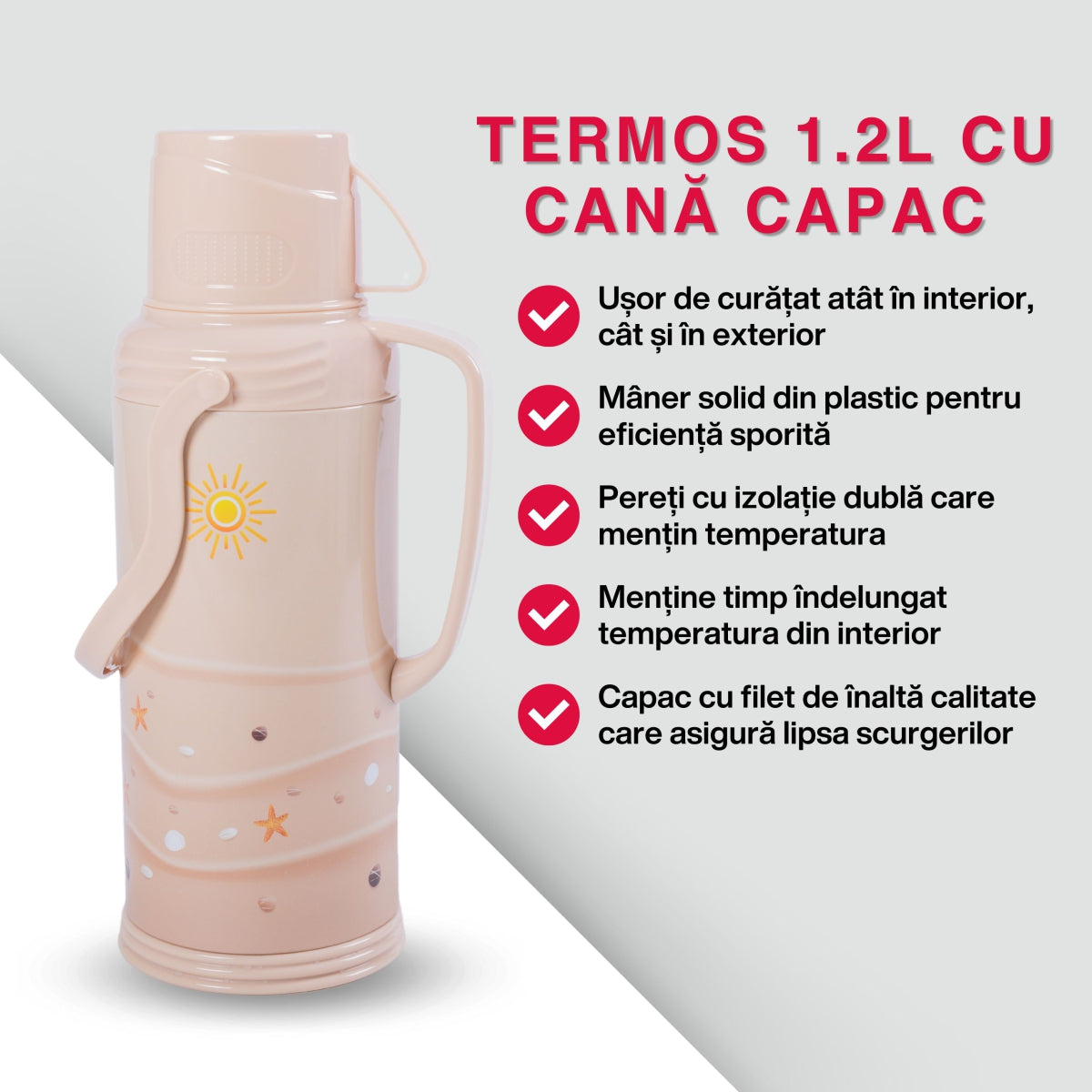 Termos, Naimeed D6420, pentru bauturi reci sau calde, Sticla si ABS, 1.2L, Crem, 120x340x170mm