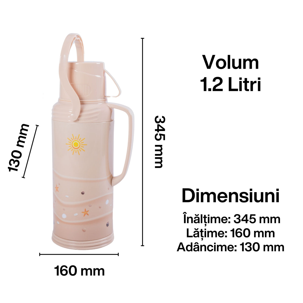 Termos, Naimeed D6420, pentru bauturi reci sau calde, Sticla si ABS, 1.2L, Crem, 120x340x170mm