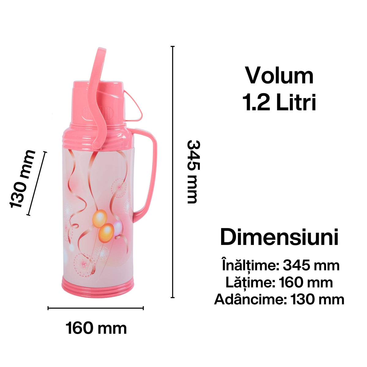 Termos, Naimeed D6420, pentru bauturi reci sau calde, Sticla si ABS, 1.2L, Roz, 120x340x170mm
