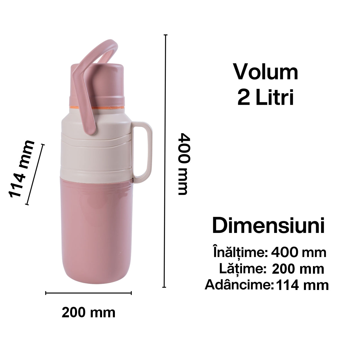 Termos, Naimeed D6421, pentru bauturi reci sau calde, Sticla si ABS, 2L, Roz, 114x400x200mm
