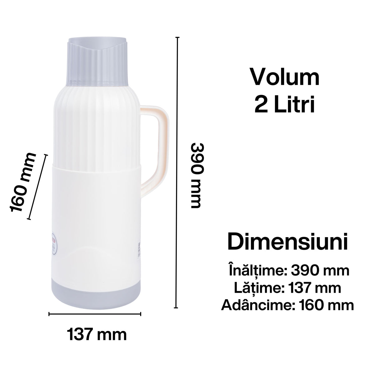 Termos, Naimeed D6422, pentru bauturi reci sau calde, Sticla si ABS, 2L, Alb, 137x390x160mm