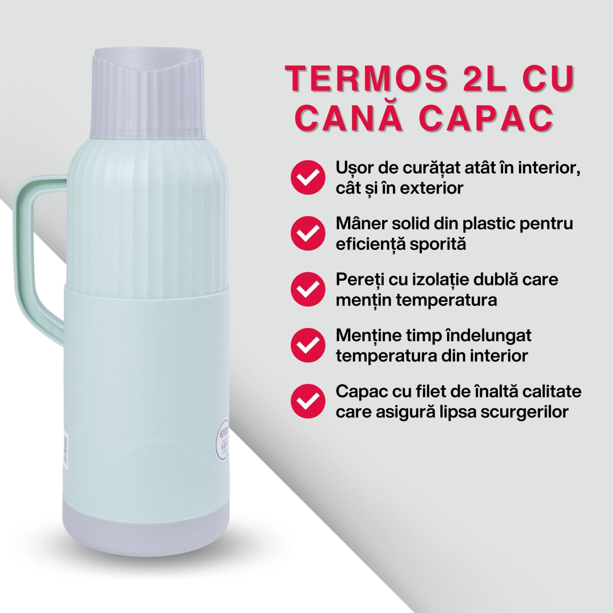 Termos, Naimeed D6422, pentru bauturi reci sau calde, Sticla si ABS, 2L, Turcoaz, 137x390x160mm