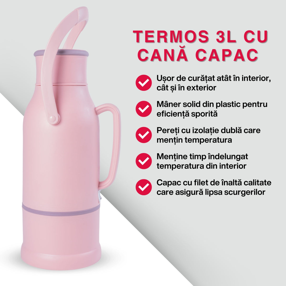 Termos, Naimeed D6424, pentru bauturi reci sau calde, Sticla si ABS, 3L, Roz, 165x500x200mm