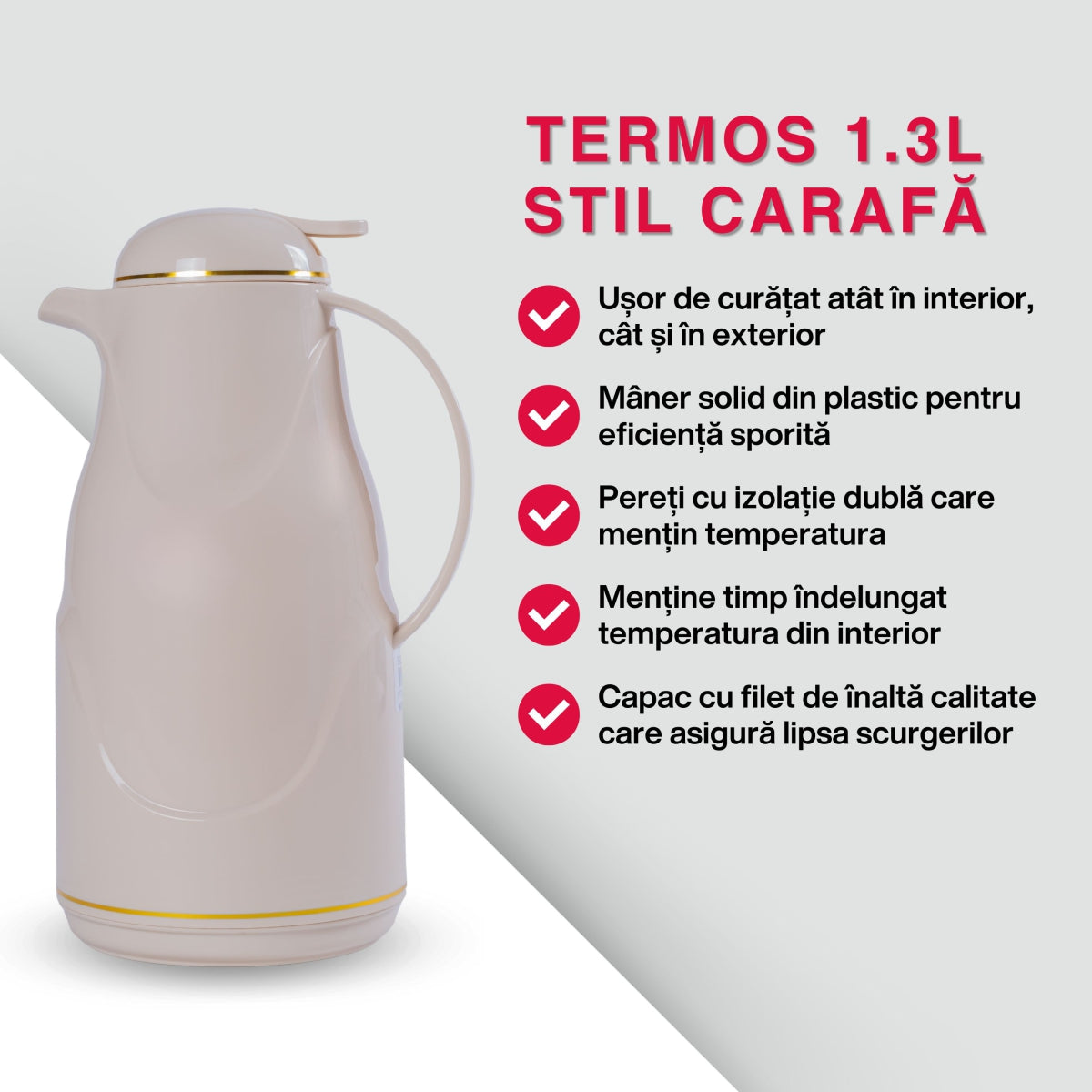 Termos, Naimeed D6428, pentru bauturi reci sau calde, Sticla si ABS, 1.3L, Crem, 140x300x180mm