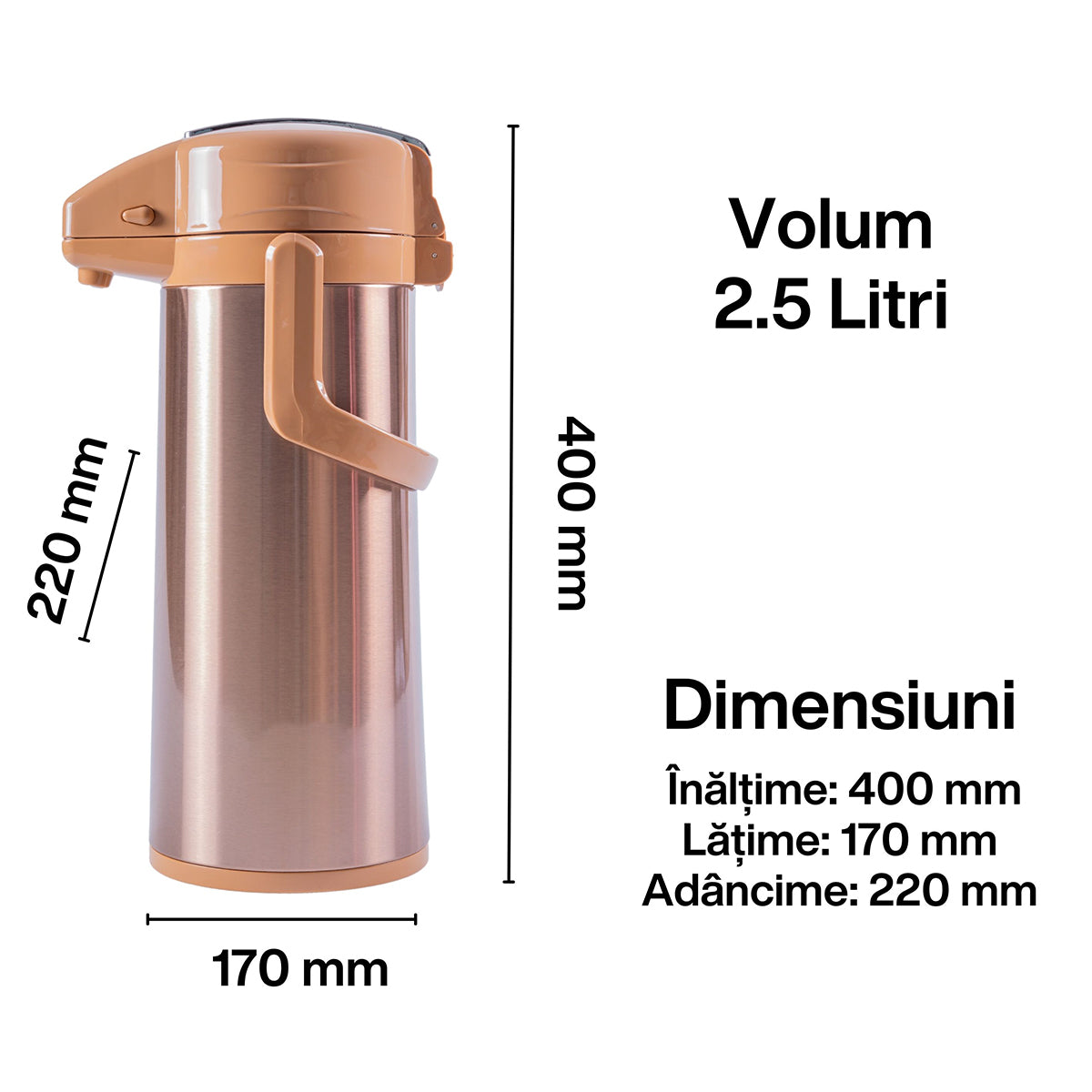 Termos, Naimeed D6439, pentru bauturi reci sau calde, Sticla si ABS, 2.5L, Maro, 170x400x220mm