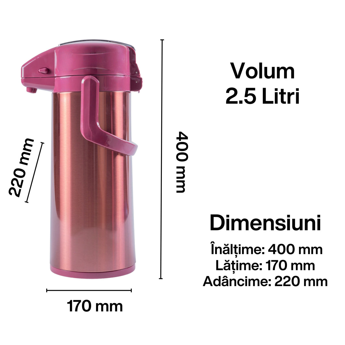 Termos, Naimeed D6439, pentru bauturi reci sau calde, Sticla si ABS, 2.5L, Visiniu, 170x400x220mm