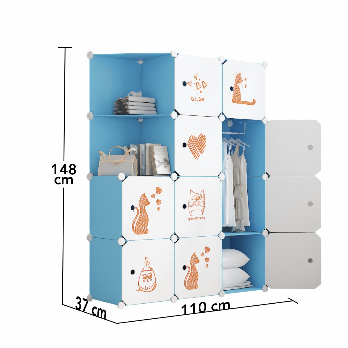 Dulap Modular, camera copii, 10 usi, Naimeed D6588, Albastru, 148x110x37cm