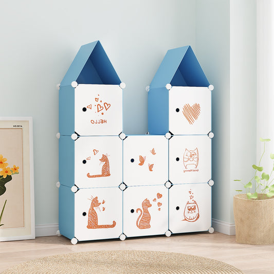 Dulap Modular, camera copii, 8 usi, Naimeed D6593, Albastru, 128x110x37cm