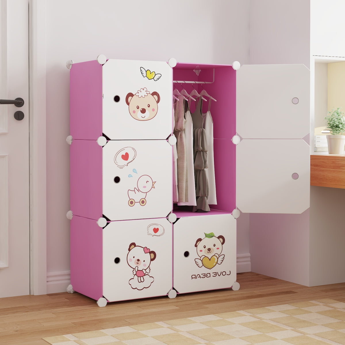 Dulap Modular, camera copii, 6 usi, Naimeed D6595, Roz, 110x75x37cm