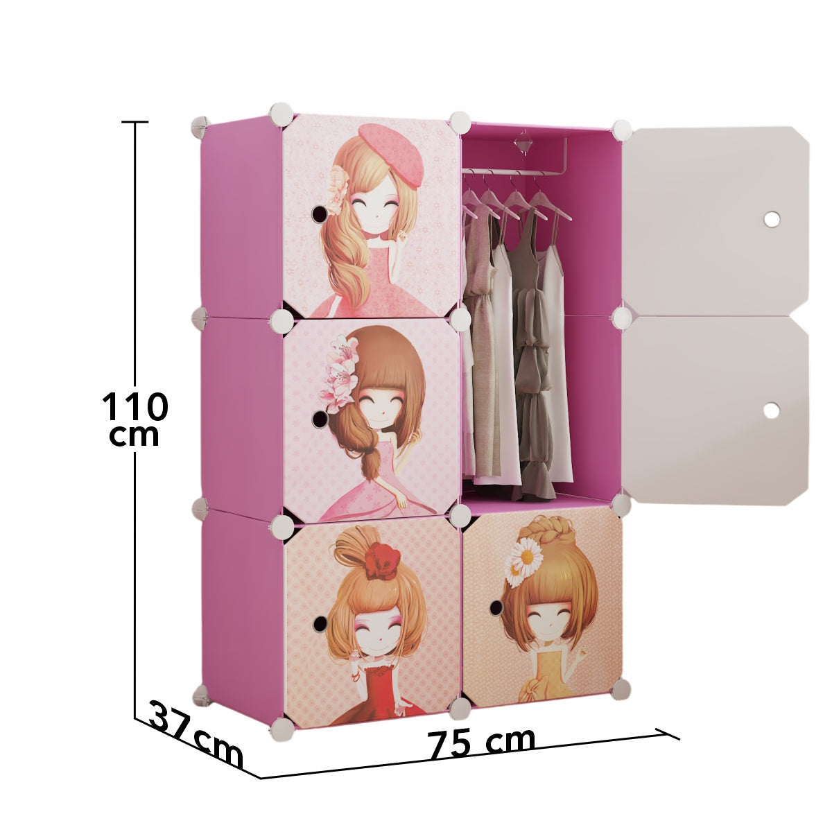 Dulap Modular, camera copii, 6 usi, Naimeed D6597, Roz, 110x75x37cm