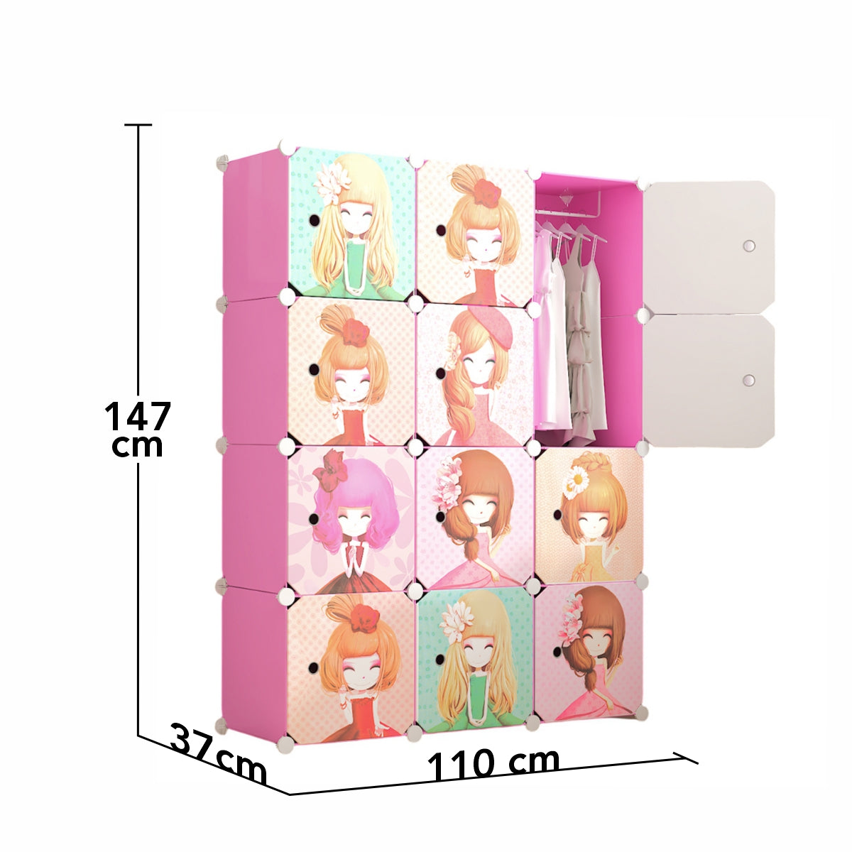 Dulap Modular, camera copii, 12 usi, Naimeed D6617, Roz, 147x110x37 cm