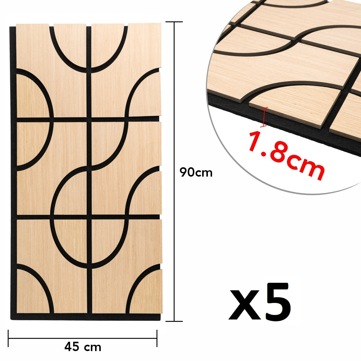 Set 5 Panouri riflaje acustice decorative, HDF si pasla, Naimeed D6758, 90x45x1.8cm, Stejar