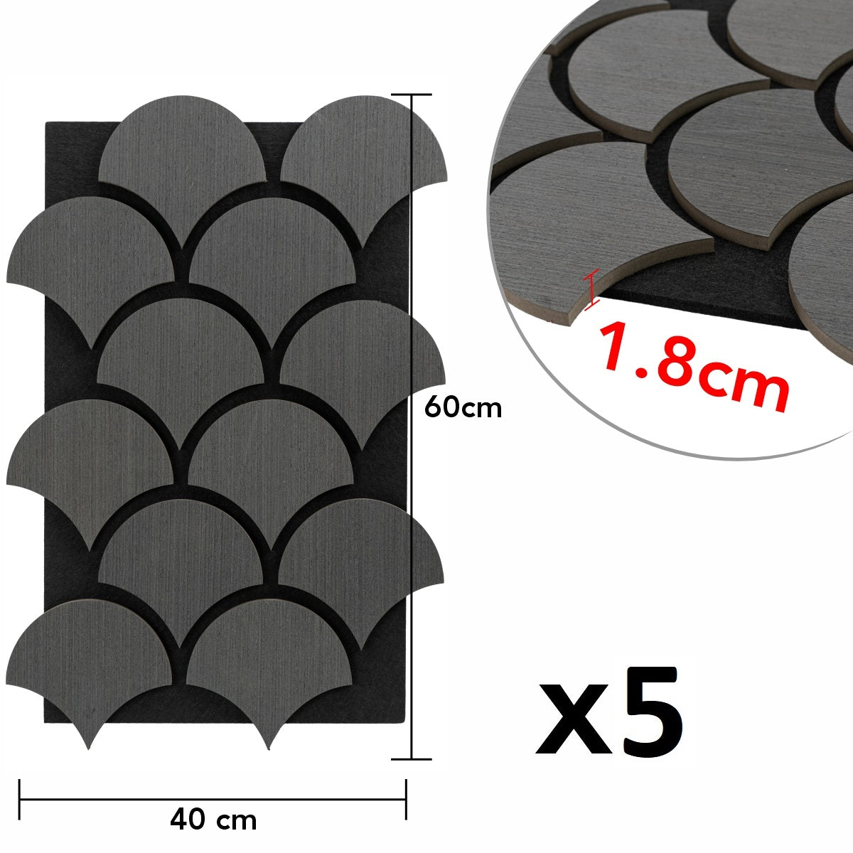 Set 5 Panouri riflaje acustice decorative, HDF si pasla, Naimeed D6762, 60x40x1.8cm, Gri