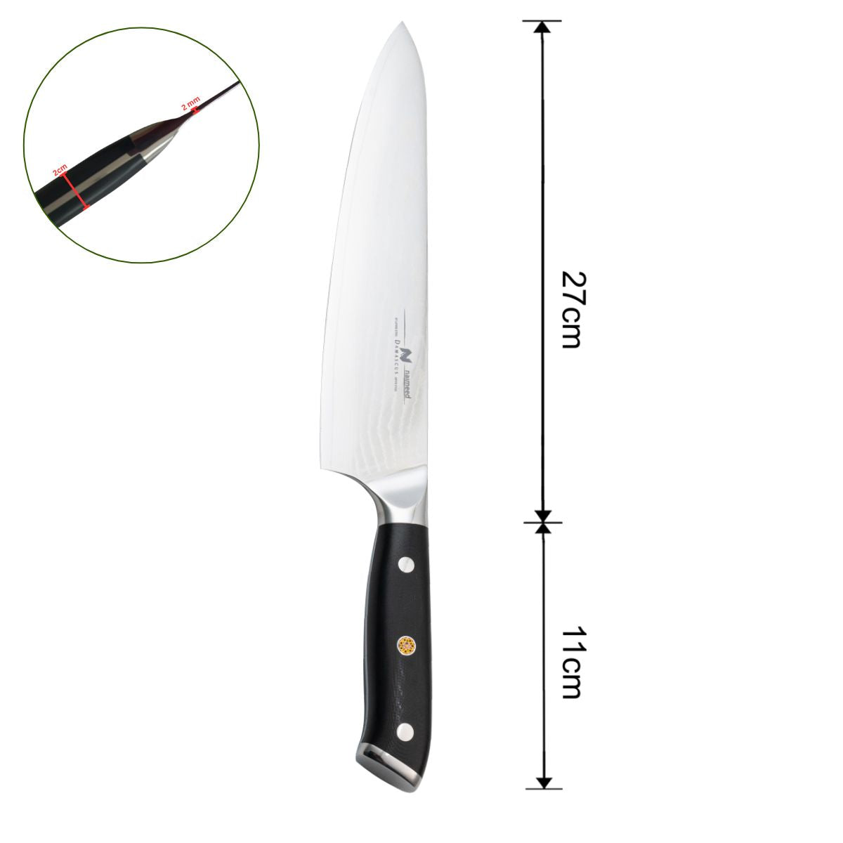 Cutit de bucatar, din otel Damascus, Naimeed D6822, damasc 67 straturi, 38 cm, Negru