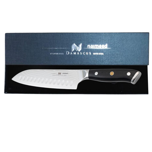 Cutit Santoku, din otel Damascus, Naimeed D6826, damasc 67 straturi, 32 cm, Negru