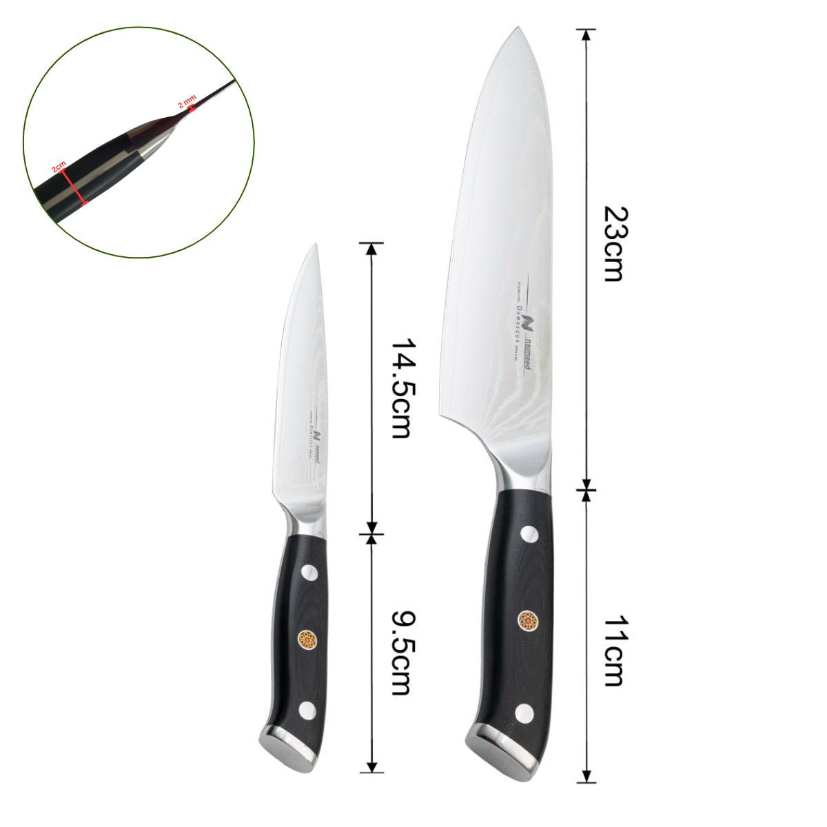 Set 2 cutite profesionale, din otel Damascus, Naimeed D6833, damasc 67 de straturi, Negru