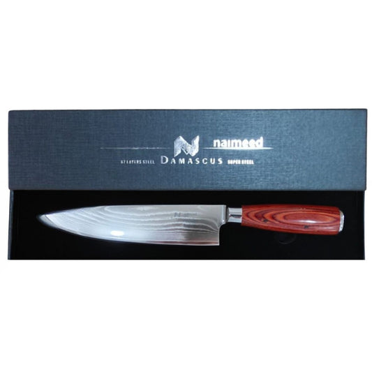 Cutit Profesional pentru tocat, din otel Damascus, Naimeed D6829, damasc 67 straturi, 33.5 cm, Maro