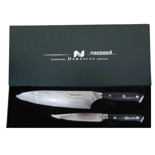 Set 2 cutite profesionale, din otel Damascus, Naimeed D6833, damasc 67 de straturi, Negru - 221.ro