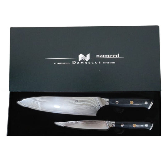 Set 2 cutite profesionale, din otel Damascus, Naimeed D6833, damasc 67 de straturi, Negru