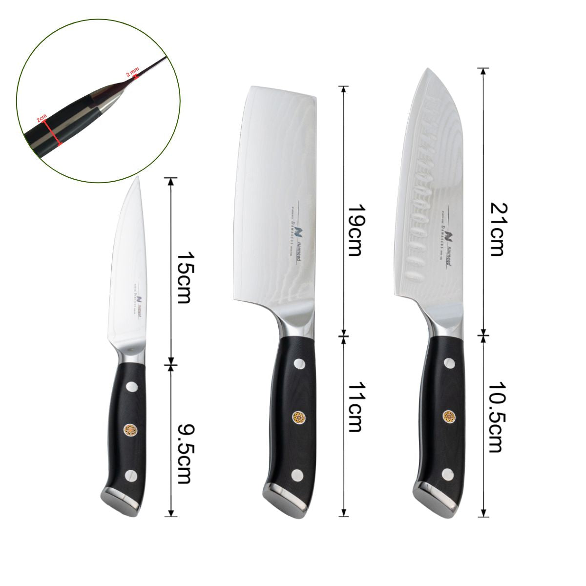Set 3 cutite profesionale, din otel Damascus, Naimeed D6834, damasc 67 de straturi, Negru