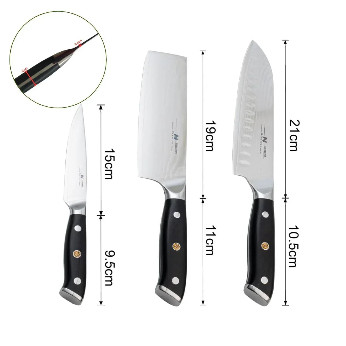 Set 3 cutite profesionale, din otel Damascus, Naimeed D6834, damasc 67 de straturi, Negru - 221.ro