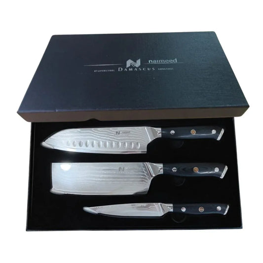Set 3 cutite profesionale, din otel Damascus, Naimeed D6834, damasc 67 de straturi, Negru - 221.ro